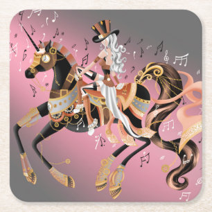 Steampunk Lady and Mechanical Horse Square Paper Coaster