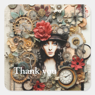 Steampunk Lady with flower hair and hat  Art Page Square Sticker