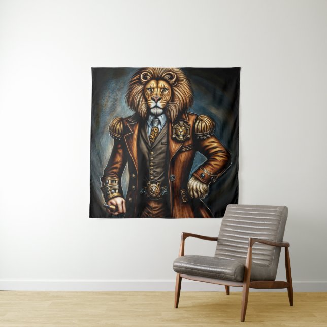 Steampunk lion in a suit tapestry (In Situ)