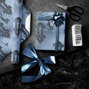 Steampunk Lock and Key Blue Vintage Decoupage Wrapping Paper