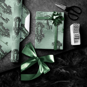 Steampunk Lock and Key Green Vintage Decoupage Wrapping Paper