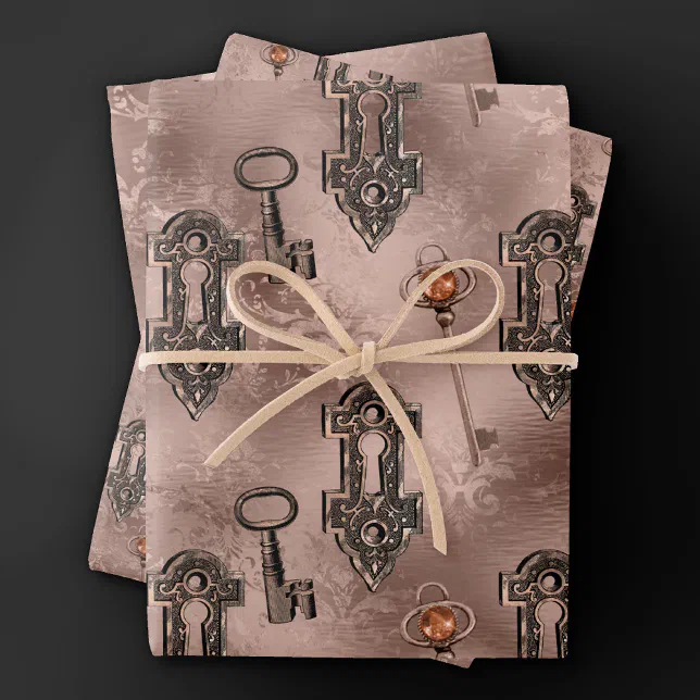 Paper Packaging Key Lock Steampunk Lock and Key Rose Gold | Chic Decoupage Wrapping Paper Sheet ...