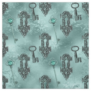 Steampunk Lock and Key Teal   Vintage Decoupage Fabric