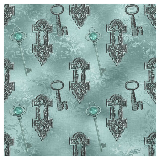 Steampunk Lock and Key Teal | Vintage Decoupage Fabric (Swatch)