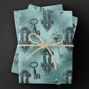 Steampunk Lock and Key Teal Vintage Decoupage Wrapping Paper Sheet