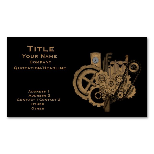 Steampunk Machinery (Brassy) Magnetic Business Card (Front)