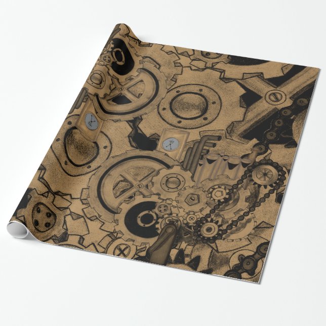 Steampunk Machinery (Brassy) Wrapping Paper (Unrolled)