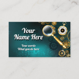 Steampunk magnifier clockwork gears business card