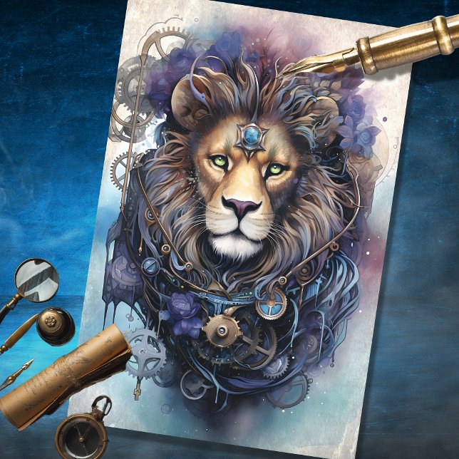 Steampunk Male Lion Purple Blue Grunge Decoupage Tissue Paper (Creator Uploaded)