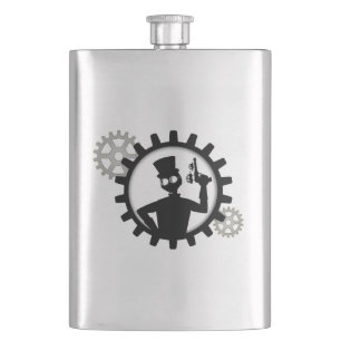 Steampunk Man Holding Gun In Gear Hip Flask