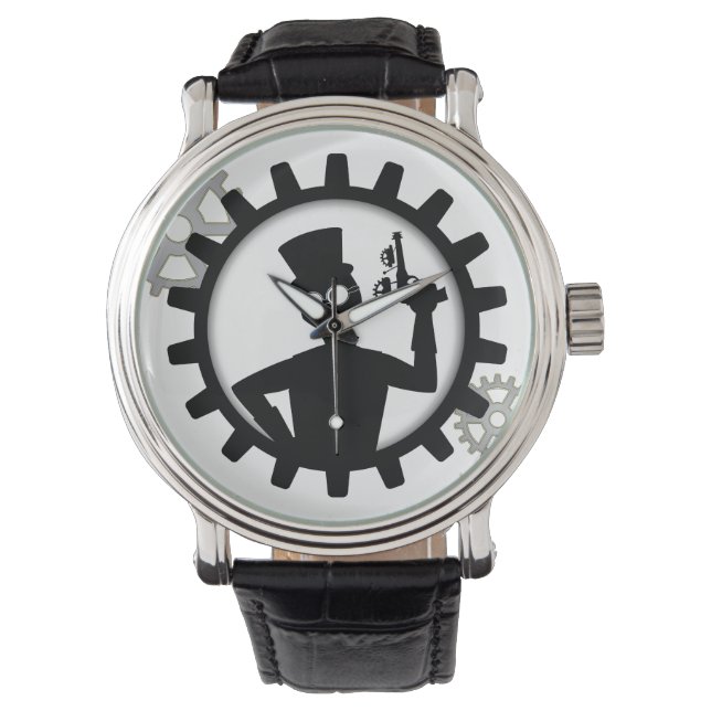 Steampunk Man Holding Gun in Gear Watch (Front)
