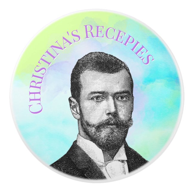 Steampunk man on teal green purple custom text ceramic knob (Front)