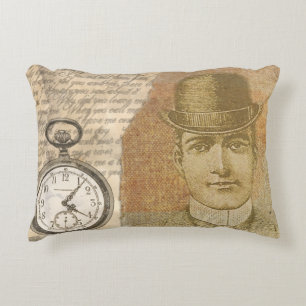 Steampunk Man Pocket Watch Bowler Hat Decorative Cushion
