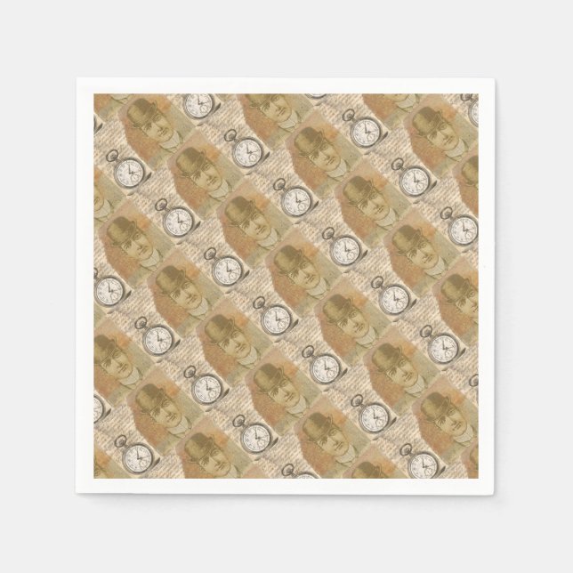 Steampunk Man Pocket Watch Bowler Hat Napkin (Front)