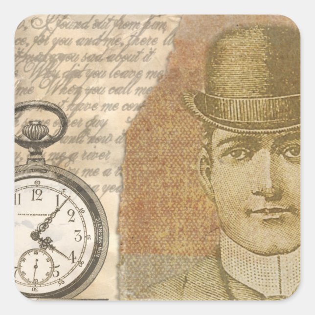 Steampunk Man Pocket Watch Bowler Hat Square Sticker (Front)