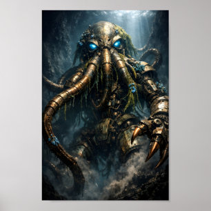Steampunk Mecha Kraken Deep Sea Art Poster