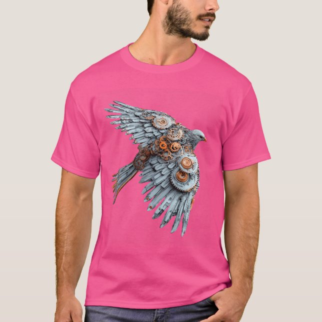 Steampunk Mechanical Bird Illustration Art Print T-Shirt (Front)