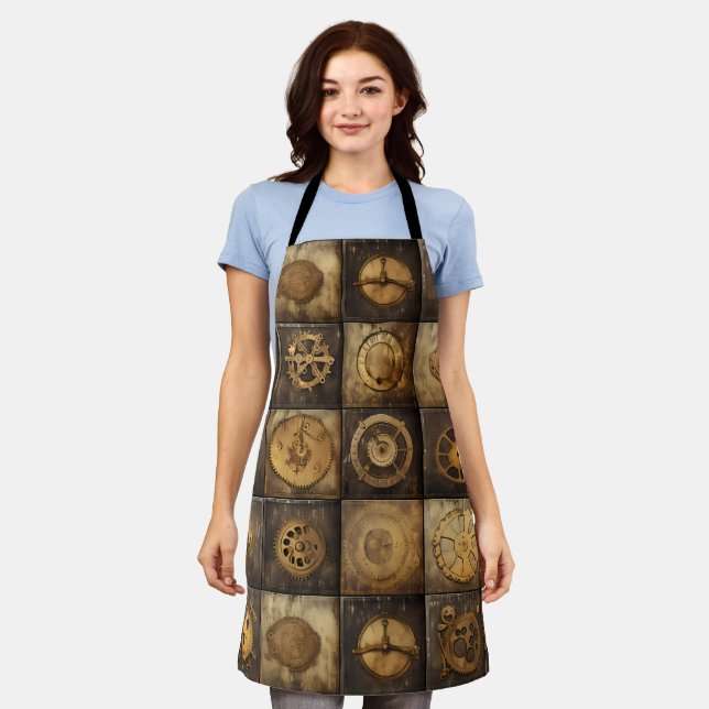 Steampunk Mechanical Gear Tile Pattern Gold Bronze Apron (Worn)