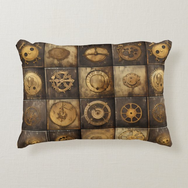 Steampunk Mechanical Gear Tile Pattern Gold Bronze Decorative Cushion (Front)