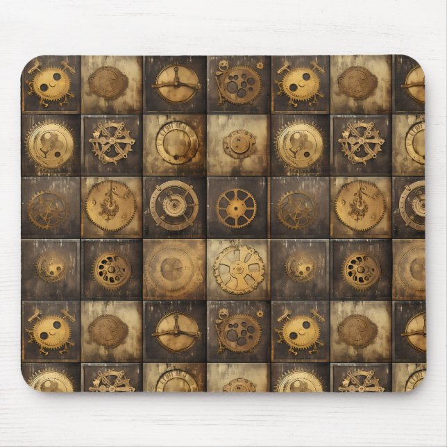Steampunk Mechanical Gear Tile Pattern Gold Bronze Mouse Mat (Front)