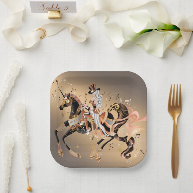 Steampunk Mechanical Horse & Lady  Paper Plate (Wedding)