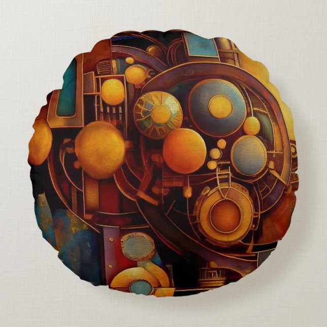 Steampunk Mechanical Orb Composition Round Cushion (Front)