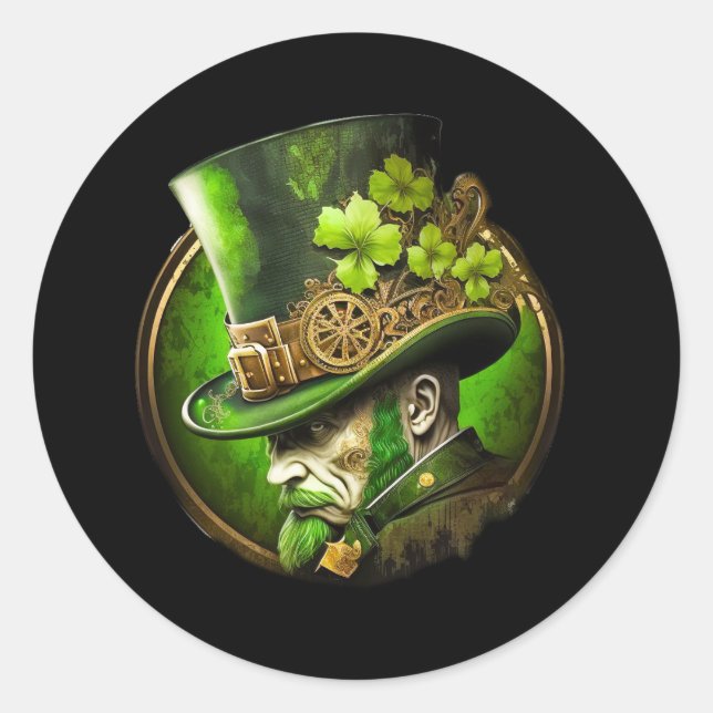 Steampunk Mechanical Top Hat St. Patrick’s Day Man Classic Round Sticker (Front)