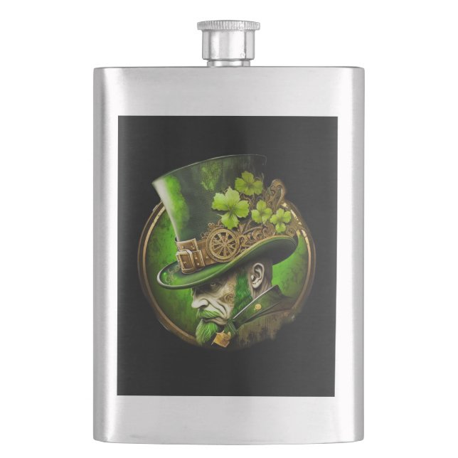 Steampunk Mechanical Top Hat St. Patrick’s Day Man Hip Flask (Front)