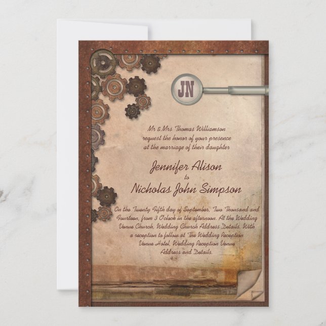 Steampunk Mechanical Writing Set Wedding Invites (Front)