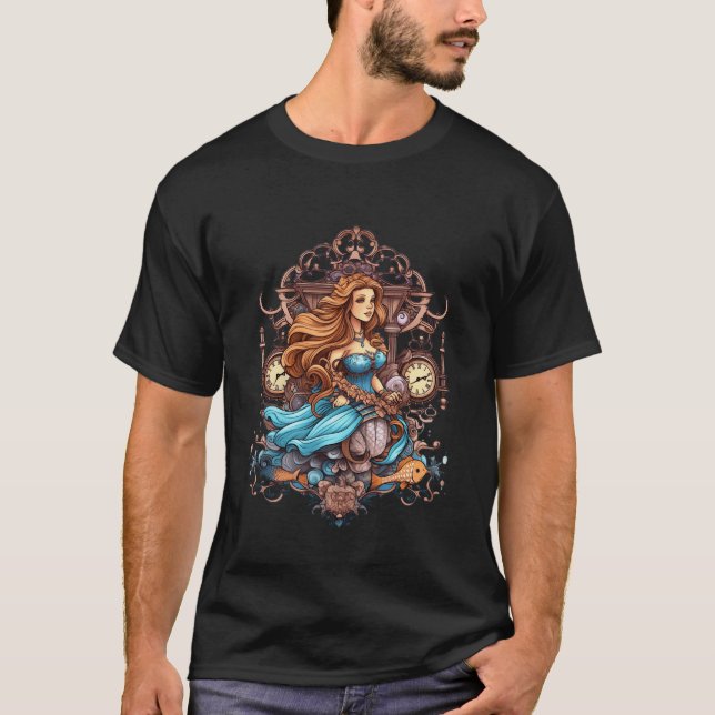 Steampunk Mermaid in a Blue Dress on a Man's Black T-Shirt (Front)