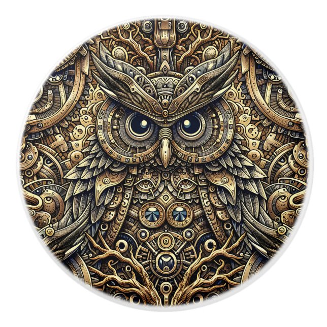 Steampunk Metal and Diamond Gold Owl Ceramic Knob (Front)