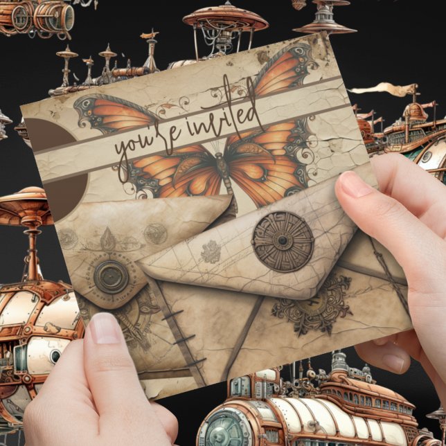 Steampunk | Monarch Butterfly | Leather Birthday Invitation (Steampunk victorian monarch butterfly and secret leather envelope on customizable invitations. )