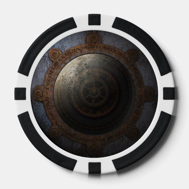 Steampunk Moon Clock Time Metal Gears Poker Chips (Front)