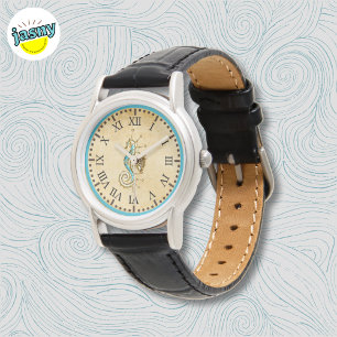 Steampunk Nautical Seahorse Black Leather Watch