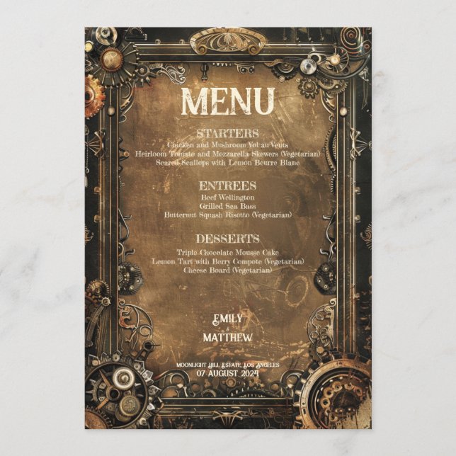 Steampunk Noir Affair Wedding Menu (Front)