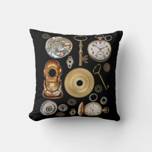 Steampunk objects Gears Pocket watch Skeleton Key Cushion