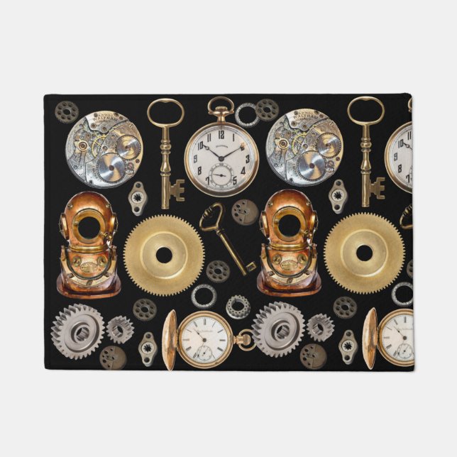 Steampunk objects Gears Pocket watch Skeleton Key Doormat (Front)