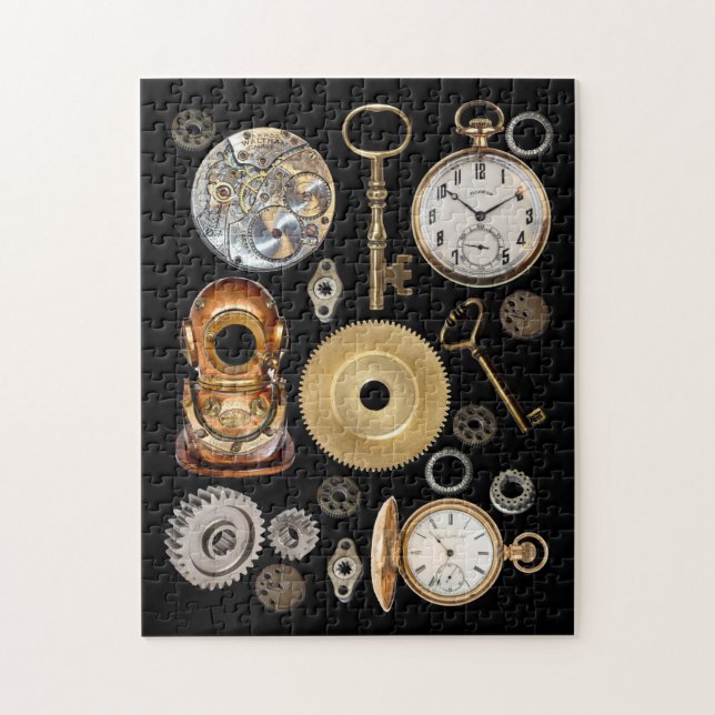 Steampunk objects Gears Pocket watch Skeleton Key Jigsaw Puzzle (Vertical)