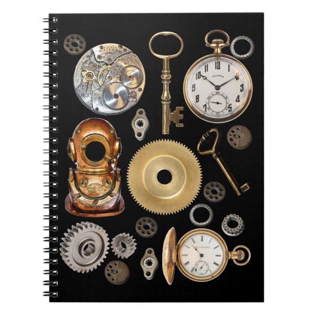 Steampunk objects Gears Pocket watch Skeleton Key Notebook (Front)