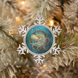 Steampunk Octopus & Clockwork Gears Snowflake Pewter Christmas Ornament