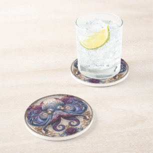 Steampunk Octopus Emblem with Purple Roses Coaster