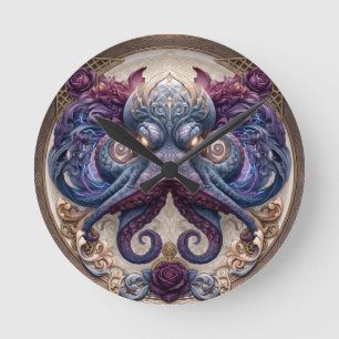 Steampunk Octopus Emblem with Purple Roses  Round Clock