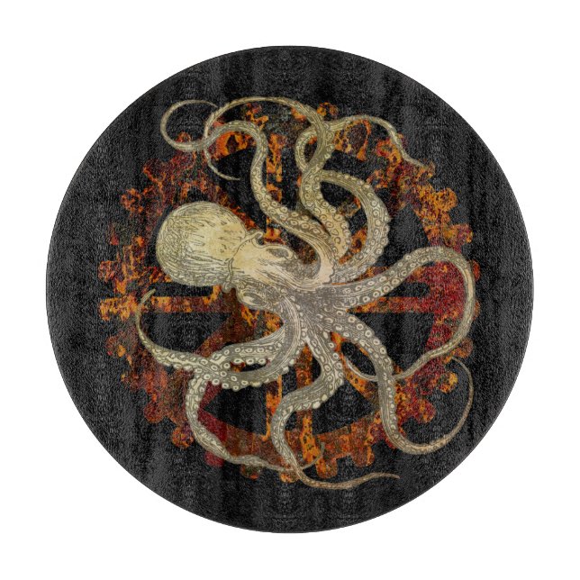 Steampunk Octopus Rusty Clockwork Cutting Board (Front)