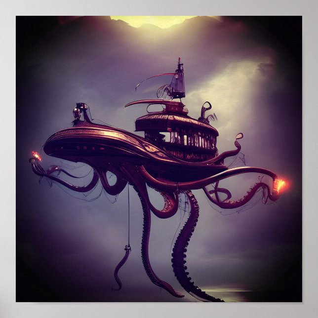 Steampunk Octopus Ship Fantasy Art Poster (Front)