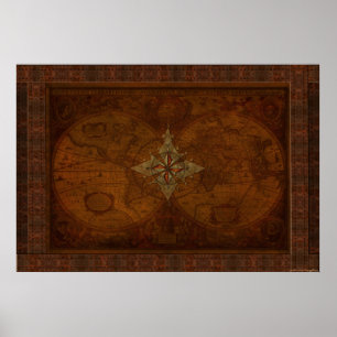 Steampunk Old World Map & Compass Rose Design Poster