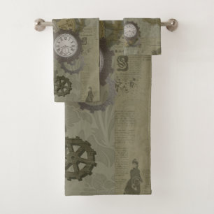 Steampunk olive green  vintage print bath towel set