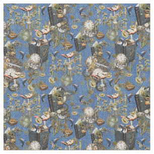 Steampunk on Blue Denim  Fabric