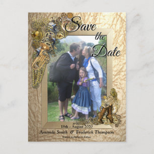 Steampunk on Gold Leather Save the Date Announcement Postcard