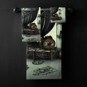 Steampunk Ornate Cauldron and Magic Items on Green Bath Towel Set