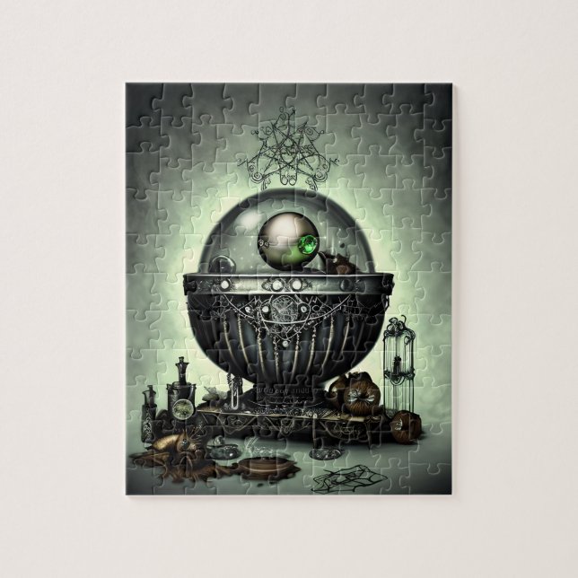 Steampunk Ornate Cauldron and Magic Items on Green Jigsaw Puzzle (Vertical)